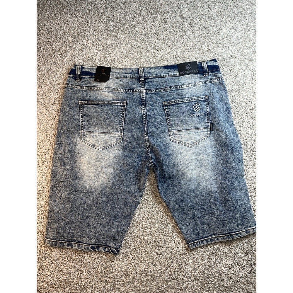 Rocawear Moto Stretch Jean Shorts Hip Hop Blue Acid Wash Mens 42 NWT - Picture 2 of 9
